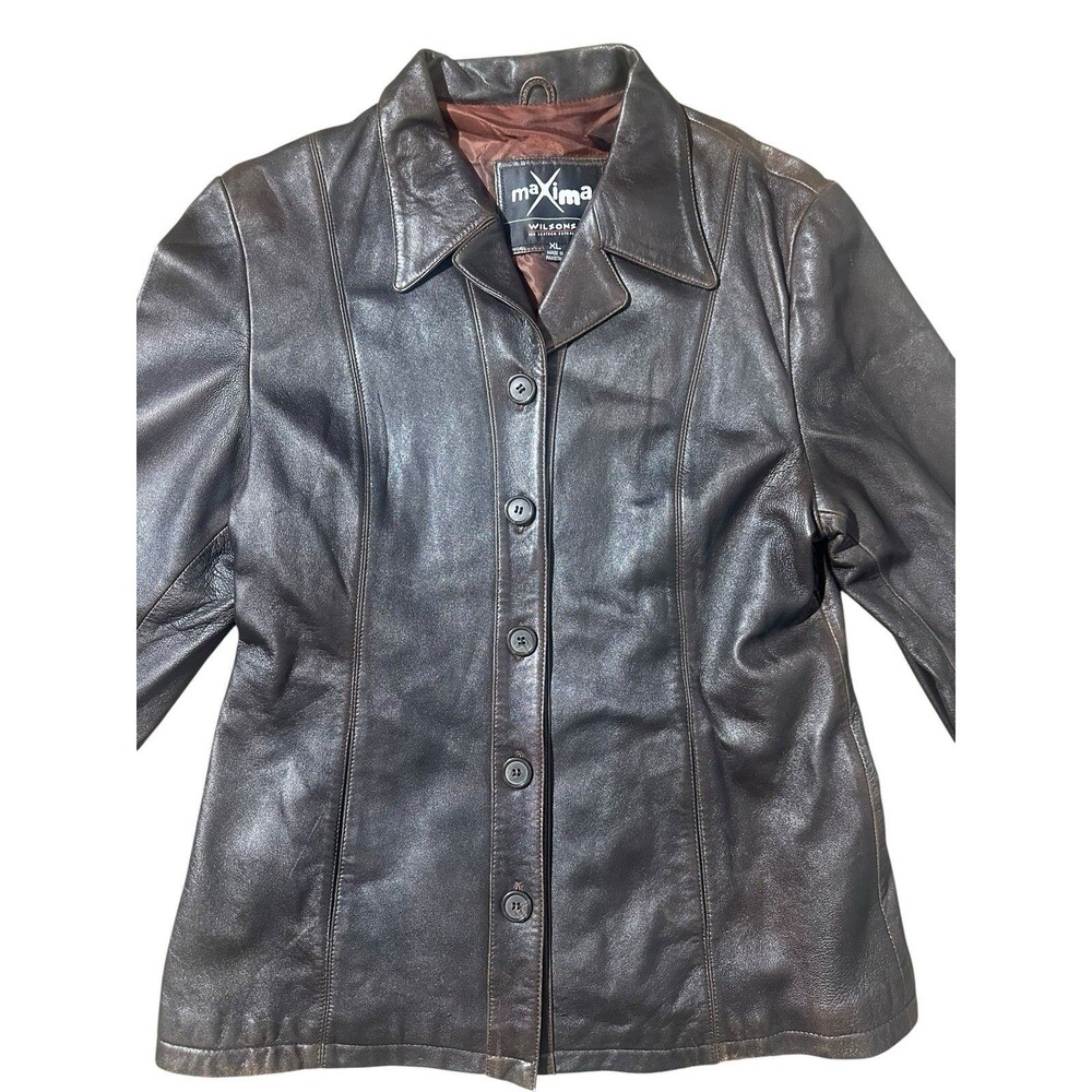 Vintage Wilsons Leather Maxima Women's Brown Genuine Leather Jacket XL Button Up - Picture 5 of 16